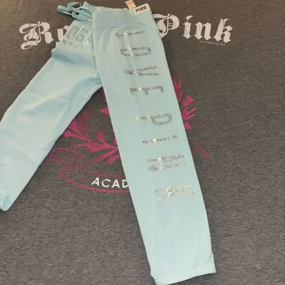 NWT Victoria’s Secret PINK Baby Blue Iridescent Sequin Bling Capri Pants- SM - Picture 5 of 12